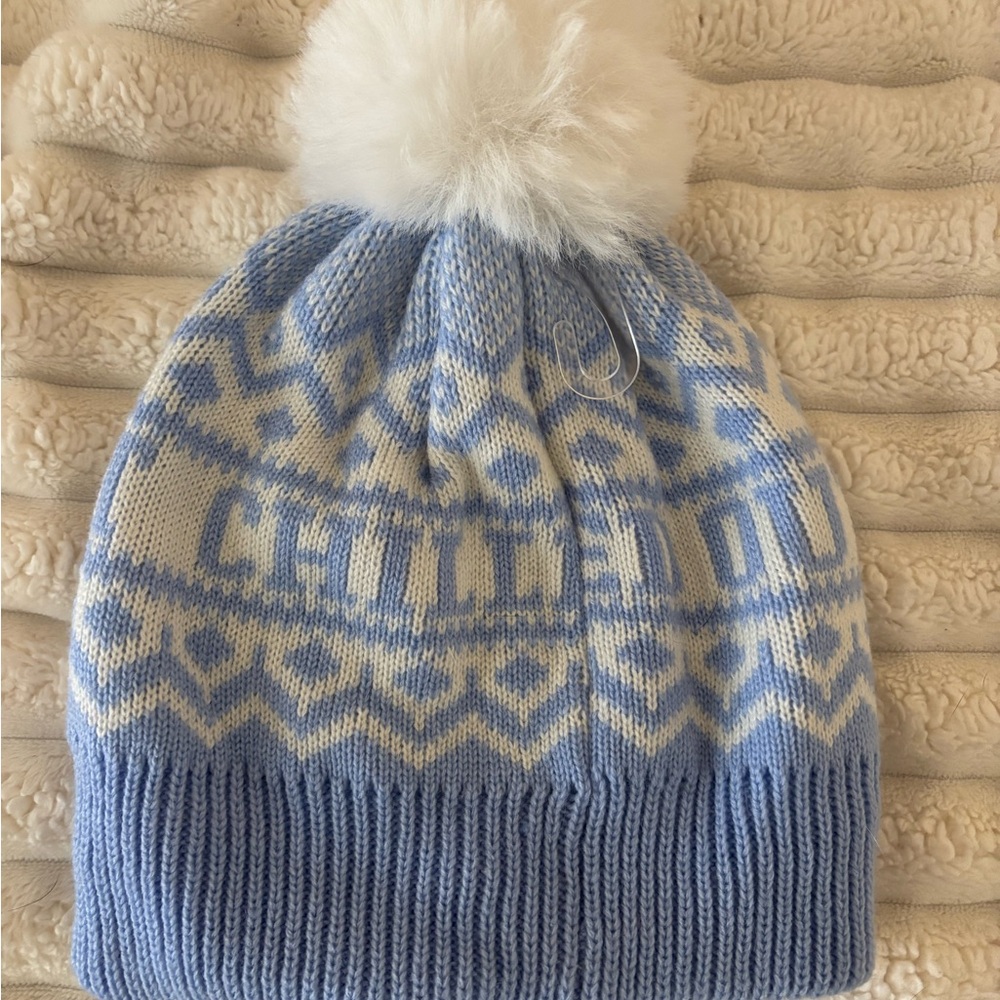 Aerie Blue and Cream Pom-Pom Hat